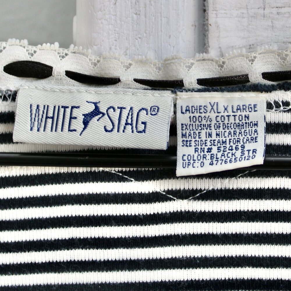 White Stag VTG Preppy Goth Black White Striped Lace Bow 3/4 Sleeve Top​​ Size XL - Picture 3 of 4